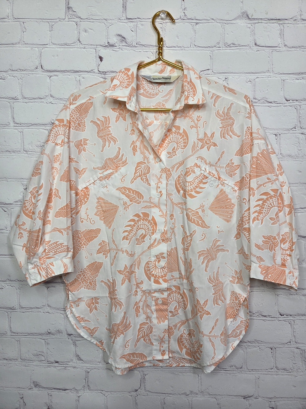 Vintage Diane Von Furstenberg White Button-Down Shirt with Peach Floral Print
